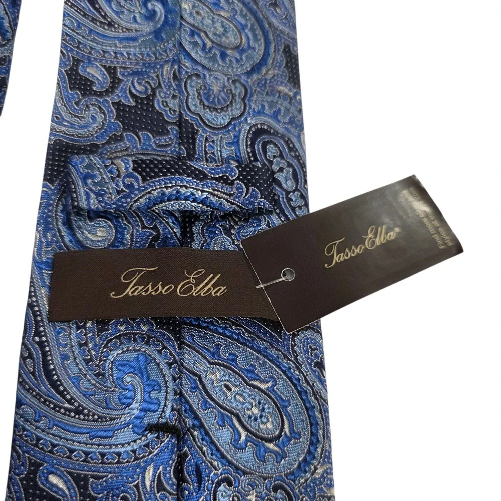Tasso‎ Elba Mens Necktie Blue Black Paisley Pure Silk Embroidered Classic New